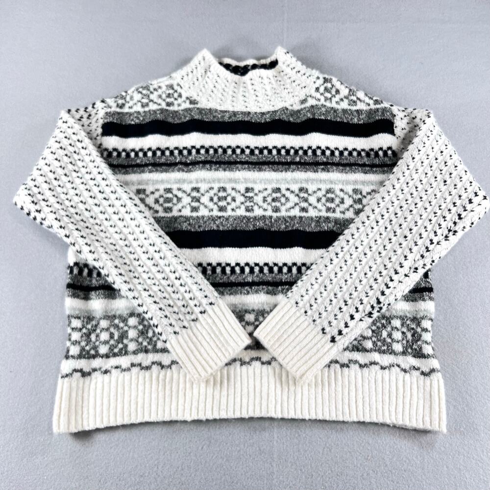 Fair Isle Knit Mock Neck Sweater Womens M Nordic Winter Pullover Cream Gray ANA
